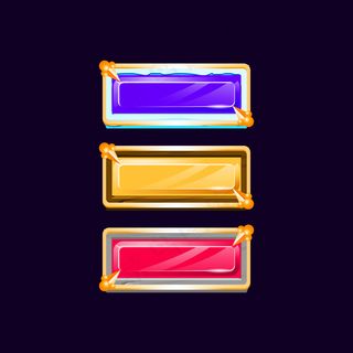 彩色钻石桂木制石头冰按钮与黄金中世纪边界的游戏用户界面资产元素