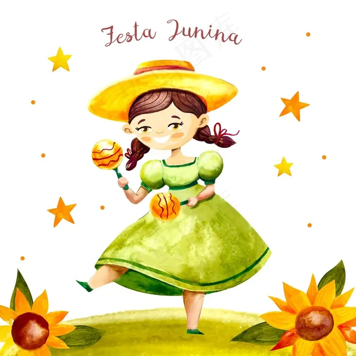 手绘水彩画junina艺术节插图eps,ai矢量模版下载