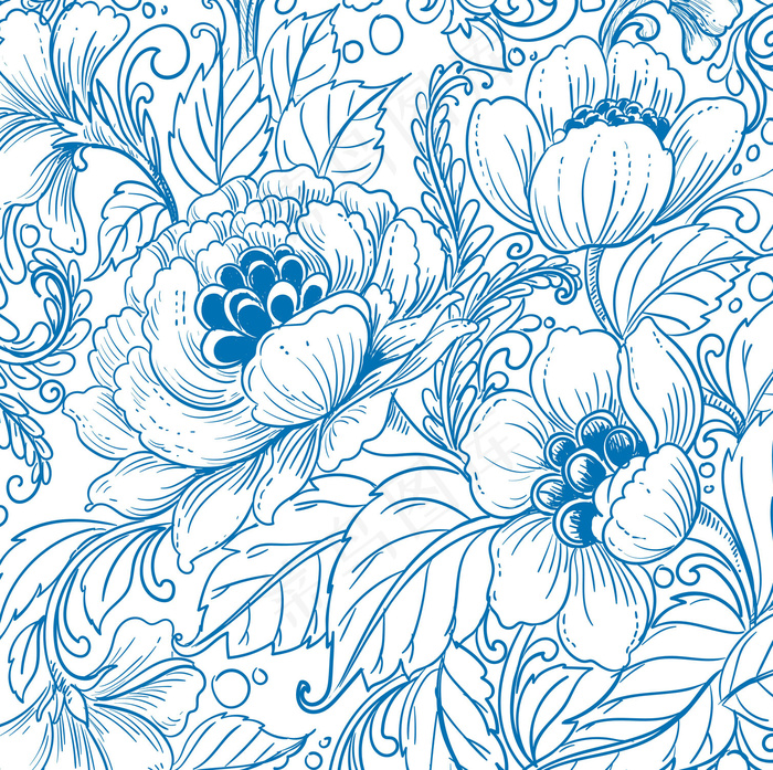 典雅的民族装饰蓝色花卉图案设计