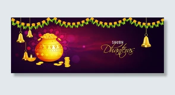 Shubh Dhantras标题或旗帜banner，金色硬币壶，油灯（迪雅）和悬挂的钟在紫色烟雾背景上装饰花环（托兰）。