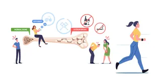骨质疏松症，保健概念。具有骨骼疾病症状的微小男性和女性角色在具有正常多孔结构的巨大骨骼横截面视图附近。卡通人物矢量图