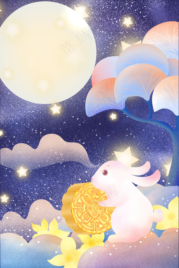 中秋节玉兔赏月星空中秋主题插画中秋海报中