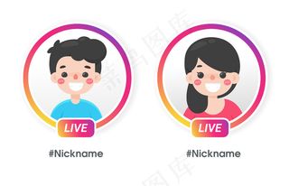 卡通男女与渐变圆形轮廓框架，用于社交媒体上的直播。