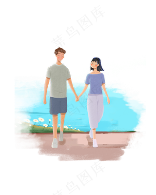 七夕情侣浪漫海边牵手散步png