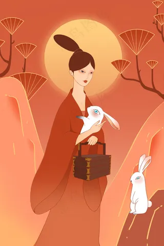 原创国风中秋佳节嫦娥玉兔横图