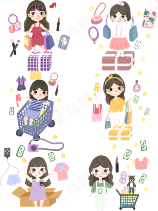 双十一购物节卡通手绘风女孩购物