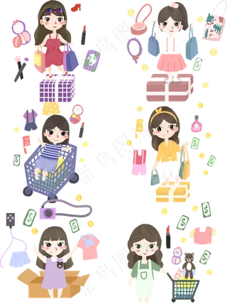 双十一购物节卡通手绘风女孩购物