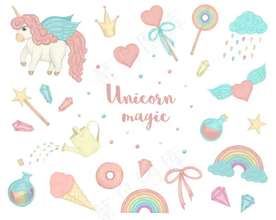 集可爱的水彩画风格独角兽，彩虹，水晶，心。