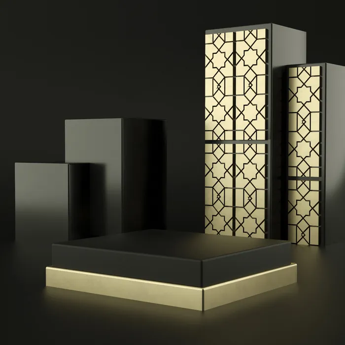 伊斯兰抽象黑色几何图形，现代简约主义的主席台展示或展示，三维渲染psd模版下载