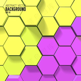 抽象黄色和紫色背景，带有几何六边形