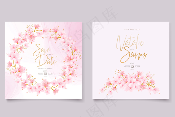 水彩樱花花卉和树叶卡套