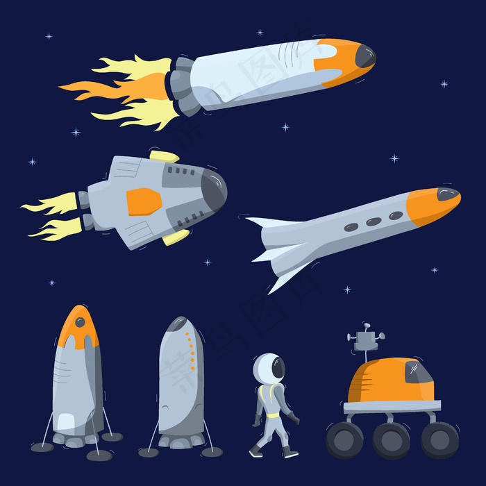 宇宙飞船、火箭、火星车的矢量插图集。涂鸦卡通矢量图标。