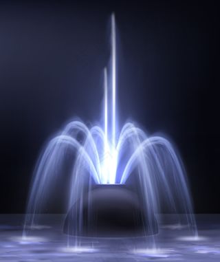 现代照明夜间喷泉在深色背景上照亮蓝色，真实感插图