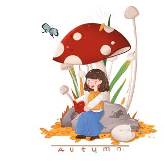 深秋童话感蘑菇下阅读的小女孩