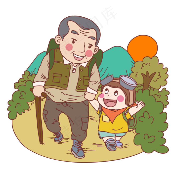 陪伴老人秋游赏菊插画