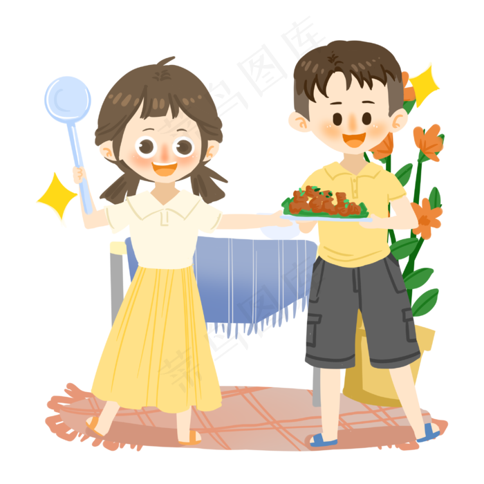 七夕情侣一起做饭PNG素材