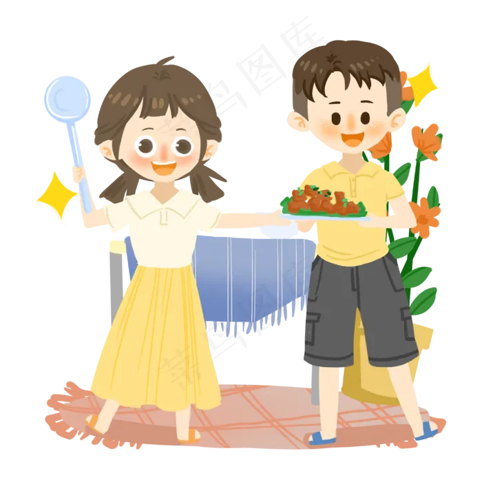 七夕情侣一起做饭PNG素材(3000X3000(DPI:300))psd模版下载