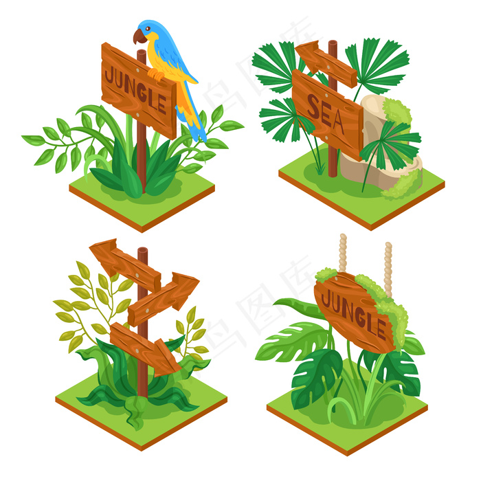 等轴测丛林木制标志集