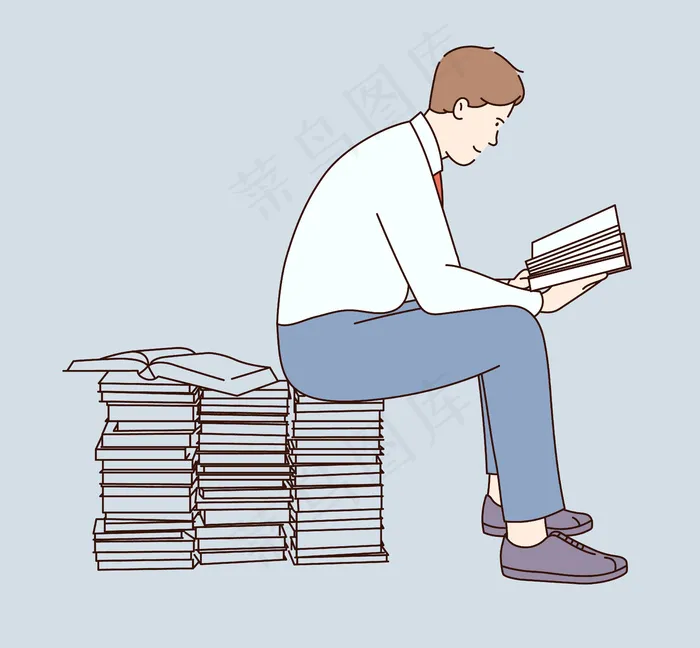 一个年轻的卡通人物坐在书堆上，手里拿着书，带着许多想法看书。eps,ai矢量模版下载