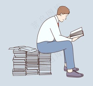 一个年轻的卡通人物坐在书堆上，手里拿着书，带着许多想法看书。