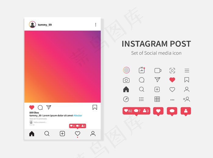 Instagram相框模板和社交媒体通知图标。eps,ai矢量模版下载