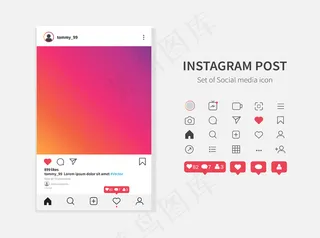 Instagram相框模板和社交媒体通知图标。