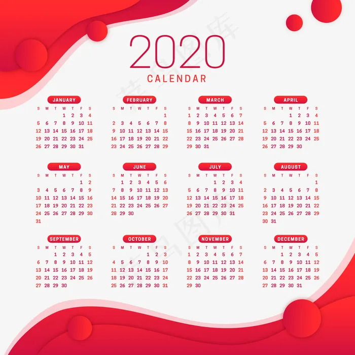 红色新年2020日历eps,ai矢量模版下载
