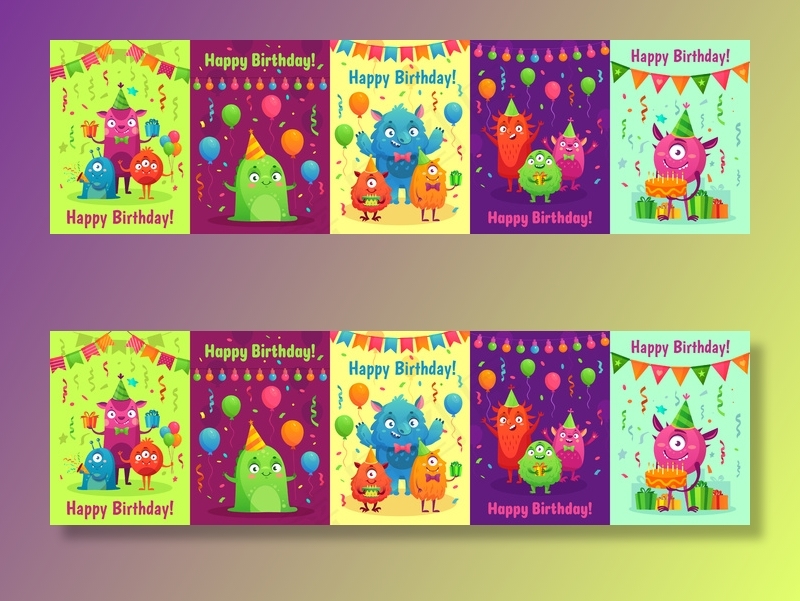 怪物生日贺卡。怪物生日快乐礼物，儿童聚会邀请和友好的怪物卡通设置