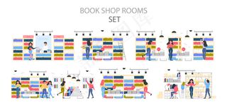 书店内部设置。人们选择和购买文学作品。书架上摆满了书。插图