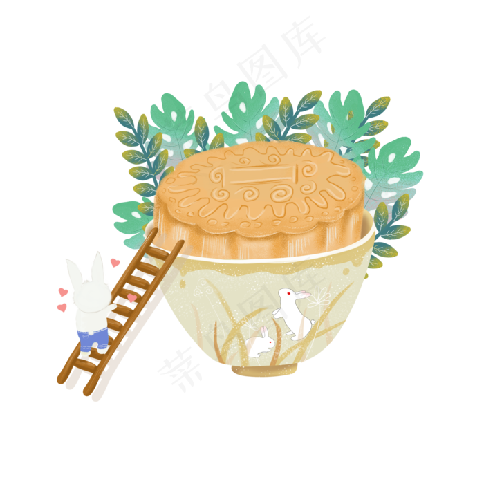 手绘中秋节玉兔爬*吃月饼绿叶