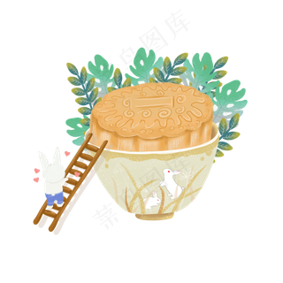 手绘中秋节玉兔爬*吃月饼绿叶