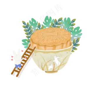 手绘中秋节玉兔爬*吃月饼绿叶 手绘中秋节玉兔爬*吃月饼绿叶