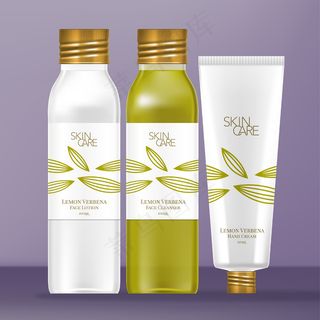 洗漱用品配有透明塑料或玻璃瓶和美容管。金属金螺丝帽与柠檬马鞭草主题设计。