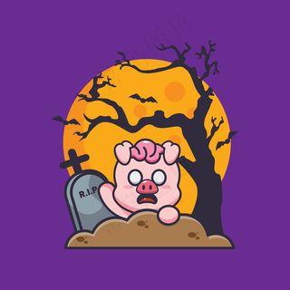 猪僵尸崛起墓地可爱的万圣节卡通插图