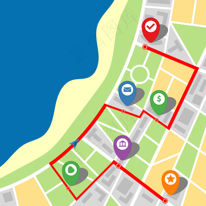 虚构城市的城市地图，有河流和多站路线。矢量图。eps,ai矢量模版下载