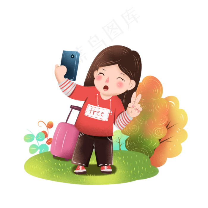 人物旅游创意小清新插图自拍国庆