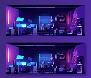 青少年晚上在黑客工作区的卧室里喝咖啡