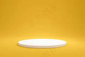 白色的讲台架子或空的基座展示在明亮的黄色夏季背景上，风格简约。展示产品的空白台。3d渲染。