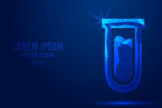 试管几何线，低多边形样式线框向量模板。隔离医学科学技术概念蓝色背景多边形。