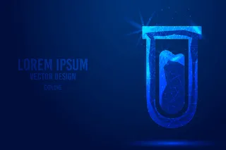 试管几何线，低多边形样式线框向量模板。隔离医学科学技术概念蓝色背景多边形。