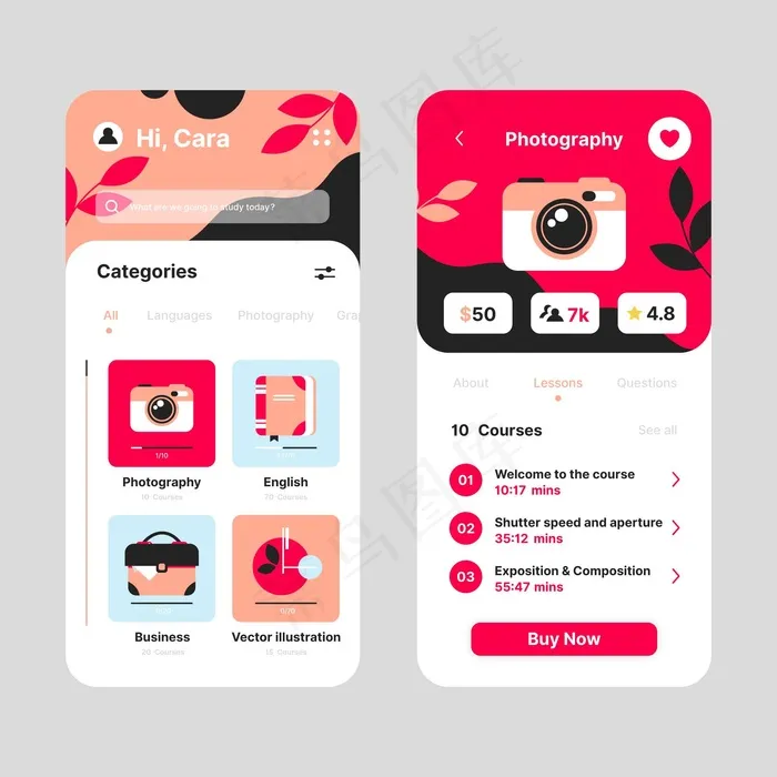 课程应用程序app界面模板eps,ai矢量模版下载