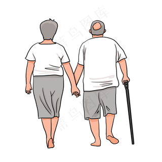 重阳节两位老人拄拐杖牵手背影插