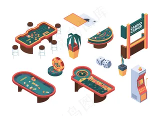 赌场等距图。扑克赌桌赌博夜总会扑克室赌客们。