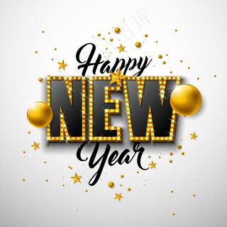 2020年新年快乐插画，3d印刷字体，白色背景上的圣诞球。