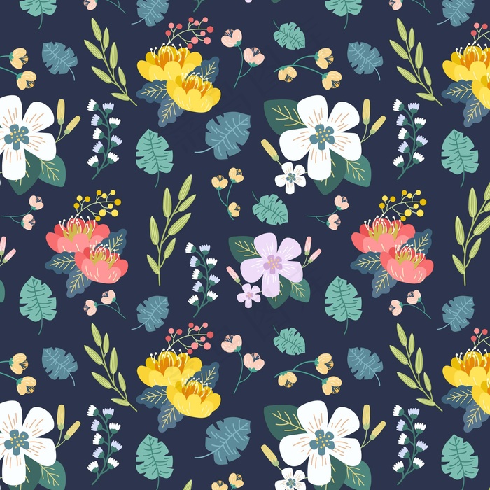 手绘树叶和异域花卉图案