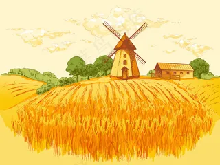 田园风光麦田插画
