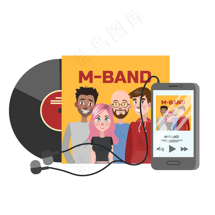 封面上有乐队的音乐cd。黄色光盘盒。插图