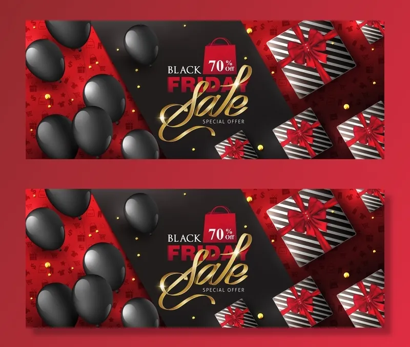 黑色星期五销售横幅banner与礼品盒和气球布局设计模板。