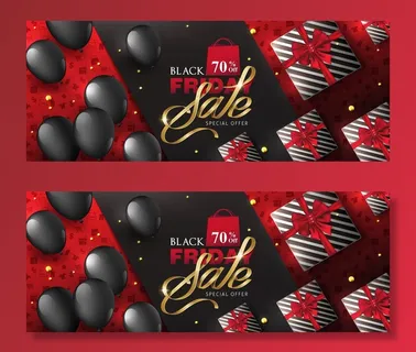 黑色星期五销售横幅banner与礼品盒和气球布局设计模板。