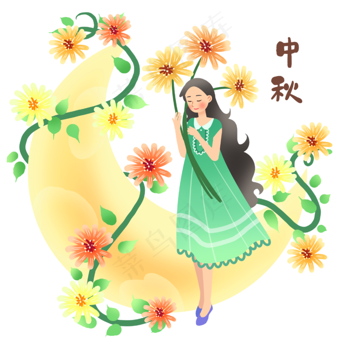 中秋节拿着小花女孩(3000X3000(DPI:300))psd模版下载